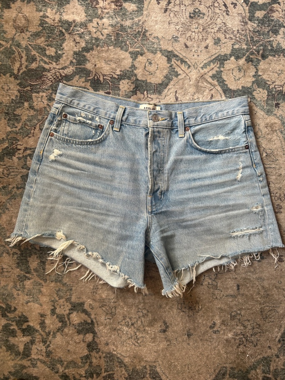 Agolde Light Blue Distressed High-Rise Denim Shorts